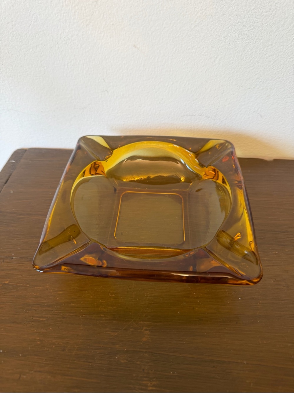 Vintage Amber Glass Square Ashtray - Home Dining Accent